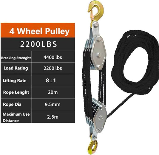 Block and Tackle System 4000LB Breaking Strength 65 Feet 38" Rope Hoist Pulley 8:1 Ratio Lifting Power for Lifting Heavy Objects (4 Pulley-Black)