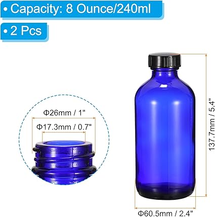 PATIKIL 8oz(240ml) Glass Sample Bottles, 2Pcs Round Bottle Dispensing Bottles with Black Poly Cone Cap for Reagent Liquids, Essential Oils, Perfume, Blue