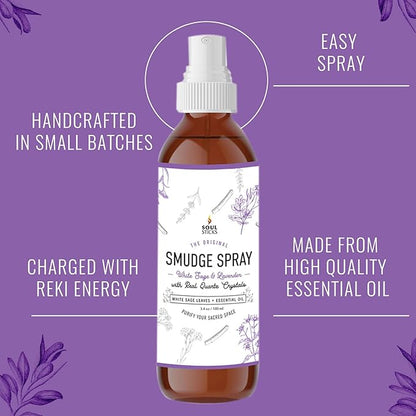 SOUL STICKS White Sage  Lavender Smudge Spray  3.5oz Smokeless Mist with Quartz Crystals  Calming Essential Oil Spray for Sleep, Stress Relief, Meditation, and Energy Cleansing