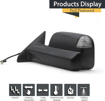 TOEMIRR Towing Mirrors fit for 2009-2018 Dodge Ram 1500 2010-2018 Ram 2500 3500 Passenger Side Mirror Heated Power Temperature Sensor Turn Signal Light Puddle Light Manual Flipping Black RH Tow Mirror