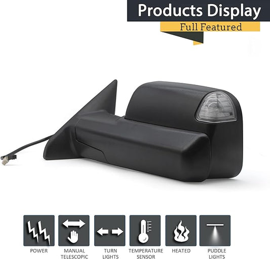 TOEMIRR Towing Mirrors fit for 2009-2018 Dodge Ram 1500 2010-2018 Ram 2500 3500 Passenger Side Mirror Heated Power Temperature Sensor Turn Signal Light Puddle Light Manual Flipping Black RH Tow Mirror
