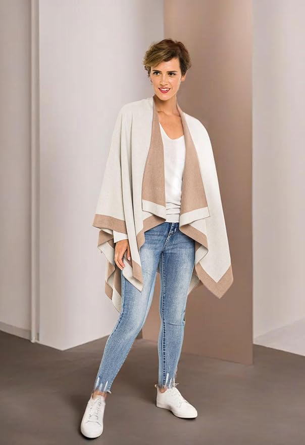 Women's Shawl Wrap Poncho Ruana Cape Cardigan Sweater Open Front for Travel Flight Cruises