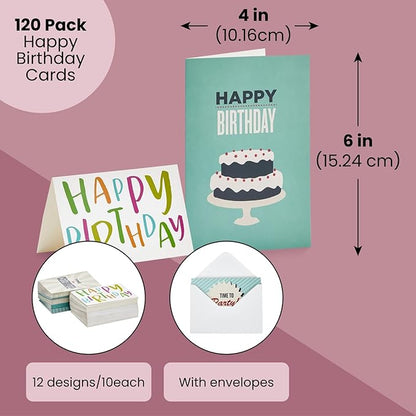 Best Paper Greetings 120 Pack 4x6-inch Happy Birthday Cards with Envelopes - Bulk Gift Set for Kids, Students and Teachers (12 Assorted Designs)