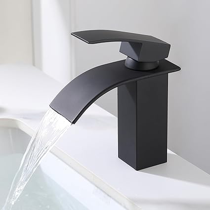 Bathroom Sink Faucet Black Waterfall Bathroom Faucet 1 Hole SUS304 Stainless Steel Faucet for Bathroom Sink Vanity Restroom Faucet Matte Black Single Hole Bathroom Faucet NO Lead, SF1-BK