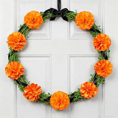 50Pcs Artificial Marigold Flower Heads Silk Marigold Flowers Dia De Los Muertos Bulk Fake Artificial Flowers with 50pcs Stem for Day of The Dead/Halloween/Cake/Desktop/wreath DIY Decorations (Orange)