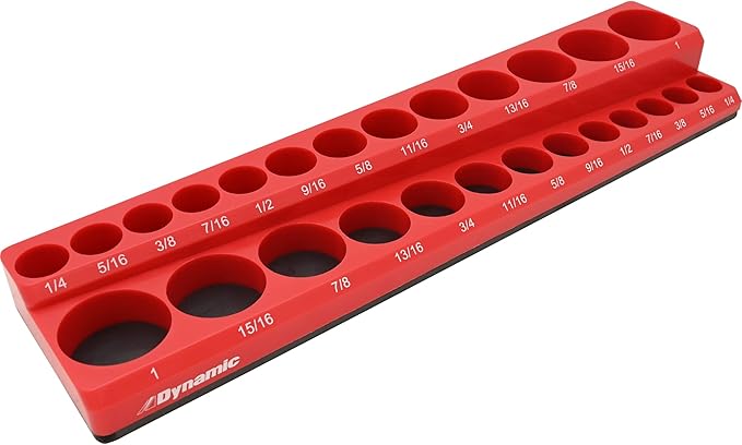Magnetic Socket Organizers, 14", 38" and 12" Drive, SAE and Metric, Quality Tool Box Organizers (38 Dr. SAE, Red, Holds 26 Sockets)