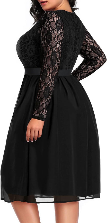 26 W, Women Plus Size Wedding Guest Dresses Cocktail Black Wrap Lace Fall Formal Long Sleeve Knee Length Evening Party Dress .