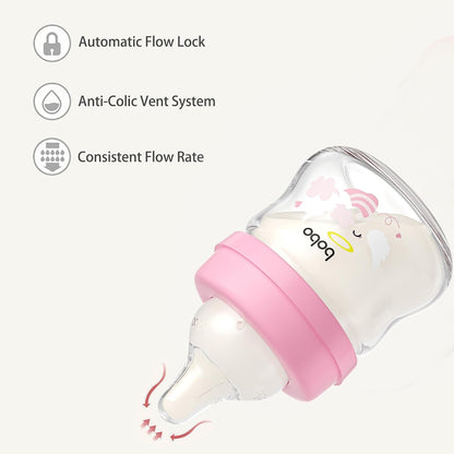 YOHKOH Glass Baby Bottles with Slow Flow Nipple, Newborn Anti-Colic Baby Bottles for 0+ Months, Wide Neck Feeding Bottle, Clear (Red, 2.7oz (Pack of 1)
