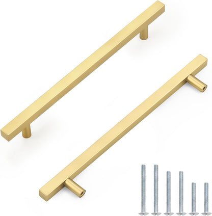 Probrico 3 Pack Hole Centers 7.5 Inch Brushed Brass Cabinet Handles Square T Bar Kitchen Cabinet Pulls Stainless Steel Polished Gold Dreser Drawer Pulls Total Length 10Inch