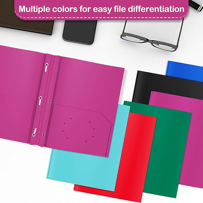 ViVin Sturdy Plastic Folders with Pockets and Prongs,12-Pack, 3-Prong Fasteners Folders with 2 Pockets, Holds US Letter Size Paper, for SchoolOfficeHome (Purple)