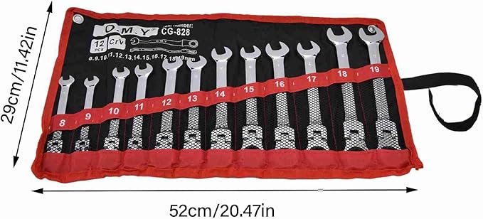 12Pcs Ratcheting Wrench Set, 8?19mm Ratchet Combination Wrenches Set,Metric Combination Chrome Steel 8?19mm with Storage Bag (movable head)