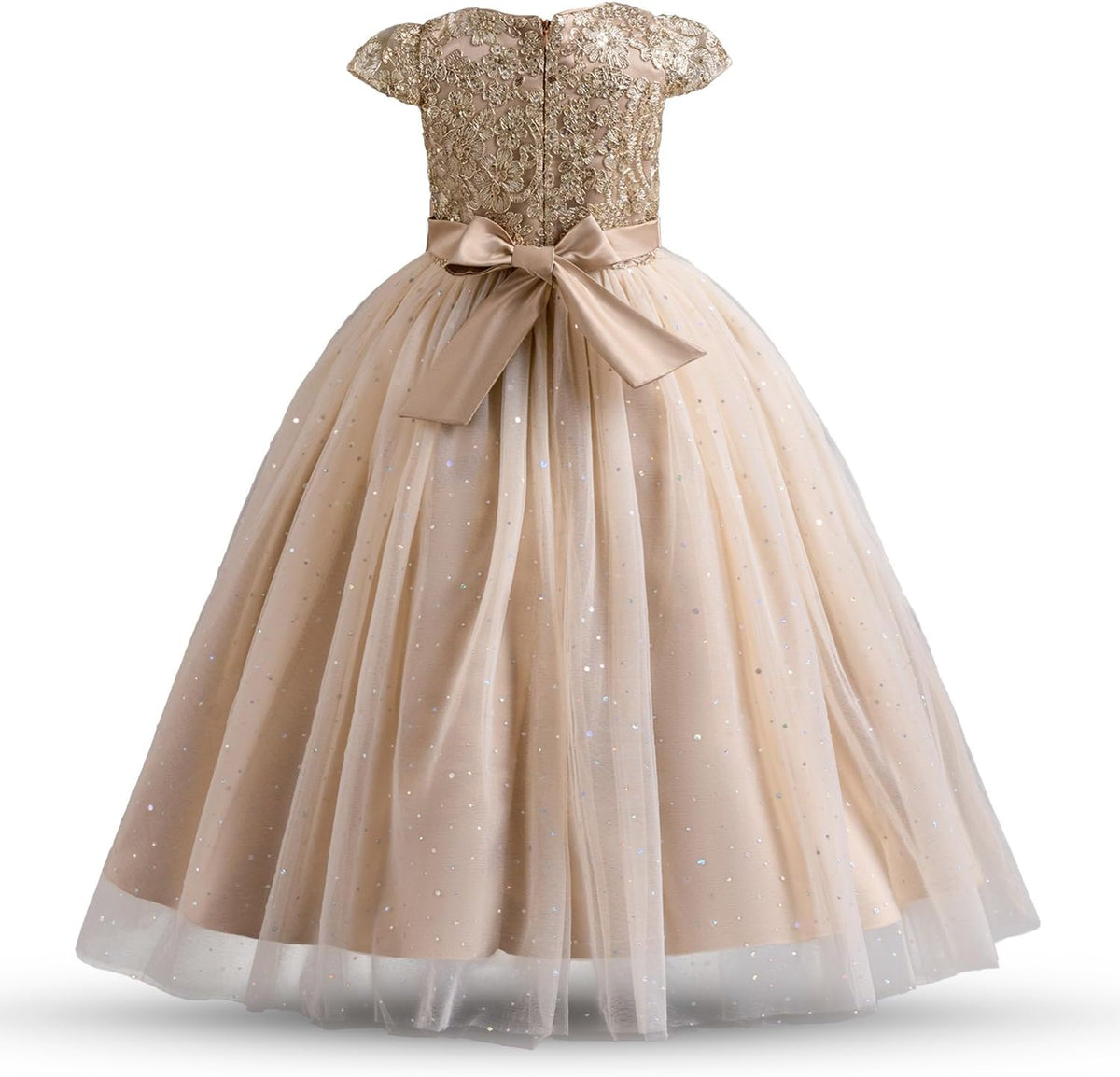 Exquisite lace dress with intricate golden lace design and charming bow detail for special occasions.