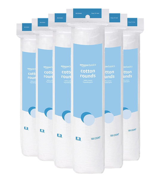 Basics Hypoallergenic 100% Cotton Rounds for Makeup Remover and Skincare, All Skin Types, 600 Count, 6 Packs of 100 Count