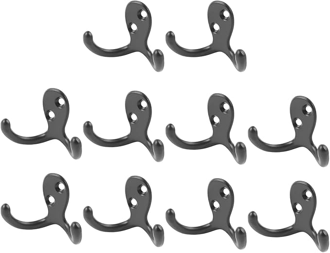 aqxreight 10pcs Black Double Prong Coat Hooks Wall Mounted Retro High Durability Zinc Alloy Wall Hooks for Bathroom Kitchen Double Prong Coat