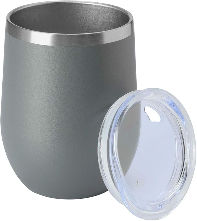 HASLE OUTFITTERS 12oz Wine Tumbler with Lid Stemless Wine Glasses Double Wall Vacuum Travel Mugs stainless steel Coffee Cup for Cold & Hot Drinks Wine Coffee Cocktails Beer (12oz-Grey, 1 Pack)