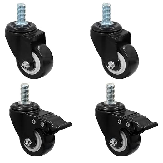 Pack of 4 Swivel Casters for Furniture,with Threaded Pin M8x1531x0.59 inches,Double Bearing,Brake,Black,Heavy Metals,Polyurethane,1.5 inches2 inches(2 Brake  2 no brake1.5in)