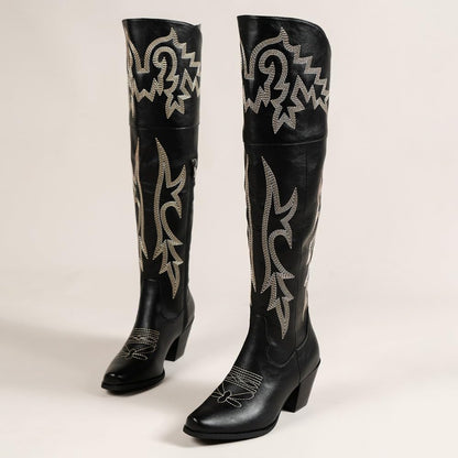 Cowboy Boots for Women Over the Knee Western Boots Embroidery Cowgirl Pull-On Pointy Toe & Wide - Retro Comfortable Walking Lightweight Running Standing All Day Trending Fashion Plus Size