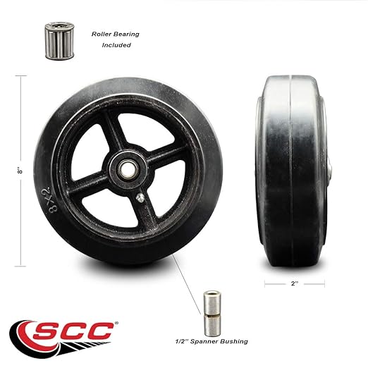 8" x 2" Rubber on Cast Iron Wheel Only with Roller Bearing - 12" Bore - 650 lbs Capacity per Wheel - Service Caster Brand