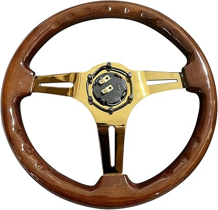 14" Universal Classic Wood Grain Steering Wheel Gold Chrome 3 Spoke 1.5 Depth Steering Wheel 350mm with Horn Button 6 bolts (-11)