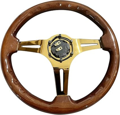 14" Universal Classic Wood Grain Steering Wheel Gold Chrome 3 Spoke 1.5 Depth Steering Wheel 350mm with Horn Button 6 bolts (-11)