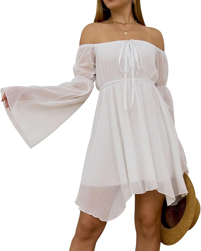 ETATNG Womens Summer Off Shoulder Bell Sleeve Lace Up High Waist Party Travel Irregular Mini A Line Dress