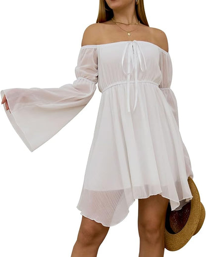 ETATNG Womens Summer Off Shoulder Bell Sleeve Lace Up High Waist Party Travel Irregular Mini A Line Dress