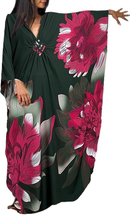 LOUSEA Kaftan Dress for Women Large Flower Print Cover Up Dresses Vneck One-piece Bathingsuit Cover Ups