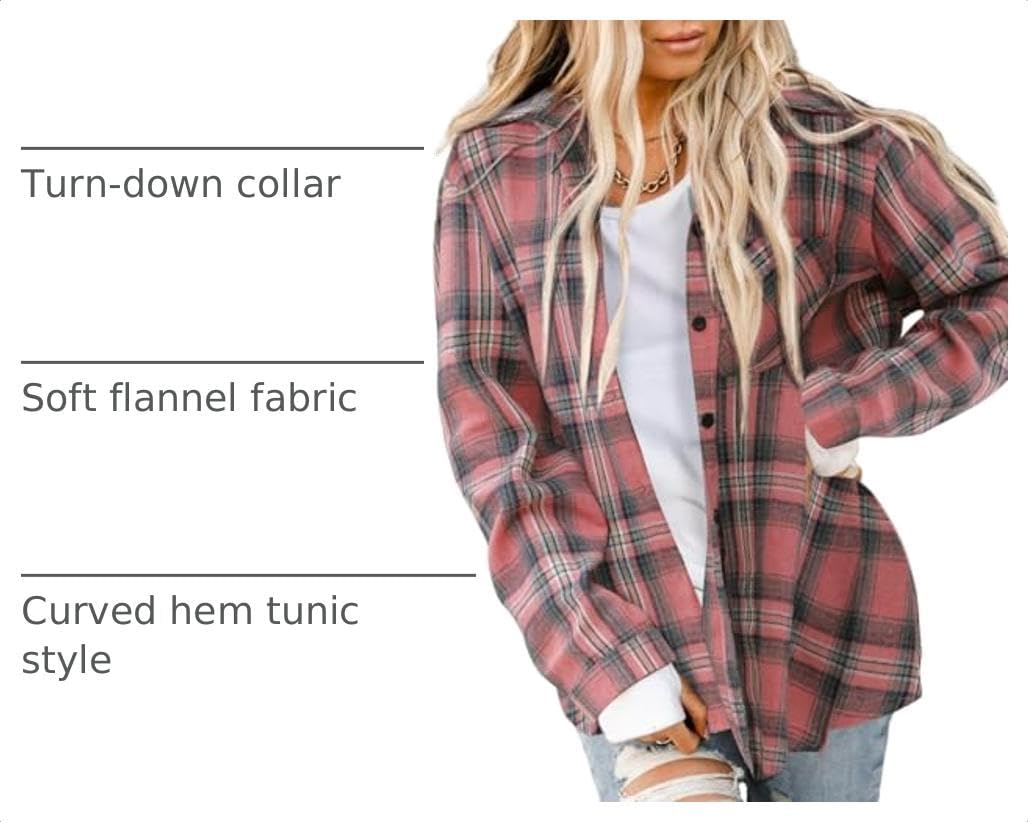 Asiertiy Womens Buffalo Plaid Flannel Shirt Long Sleeve Collar Button Down Blouses Lightweight Tops (XS-4XL)