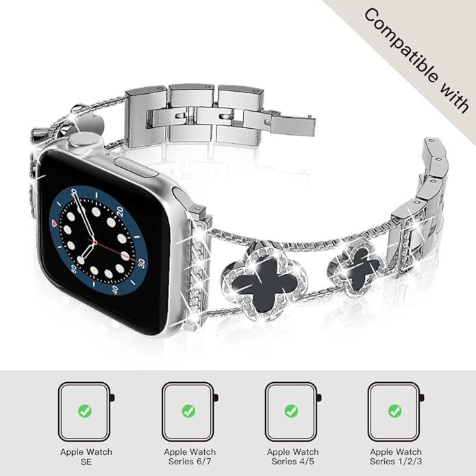 Diamond Metal Bands Add Sparkle to Your Watch For Apple Watch Series 10987654321SEUltra Clover Simple and Stylish Compatible with 38mm40mm41mm42mm44mm45mm 46mm49mm Women's Wear