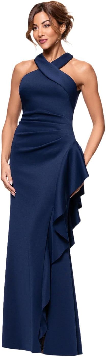 Xscape Women's Betsy & Adam Mikado and Scuba Crepe Off the Shoulder V-Neck Floor Length Dress