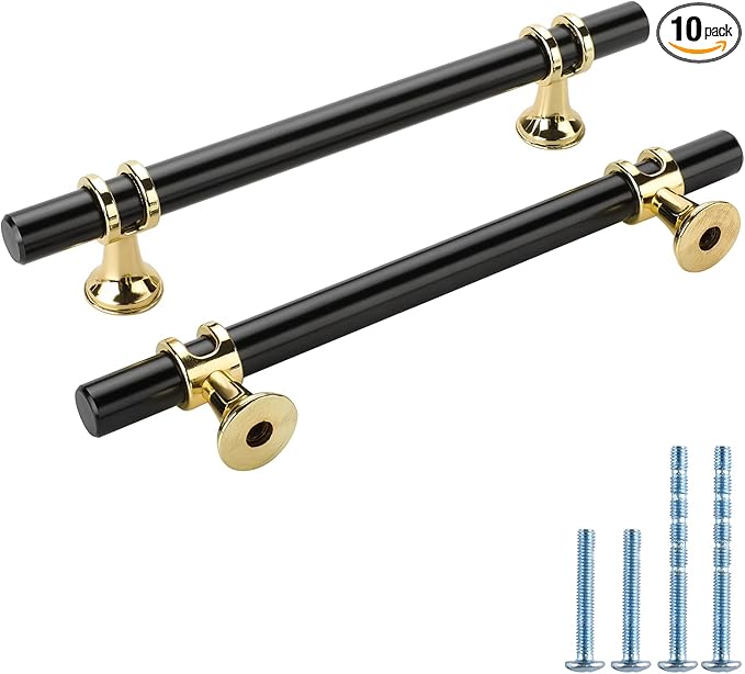 Rergy Cabinet Handles Drawer Pulls and Knobs, 10Pack Black and Gold 5inch Hole Center, Kitchen Hardware for Dresser Handle Zinc Alloy Furniture Pull