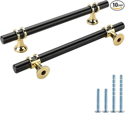 Rergy Cabinet Handles Drawer Pulls and Knobs, 10Pack Black and Gold 5inch Hole Center, Kitchen Hardware for Dresser Handle Zinc Alloy Furniture Pull