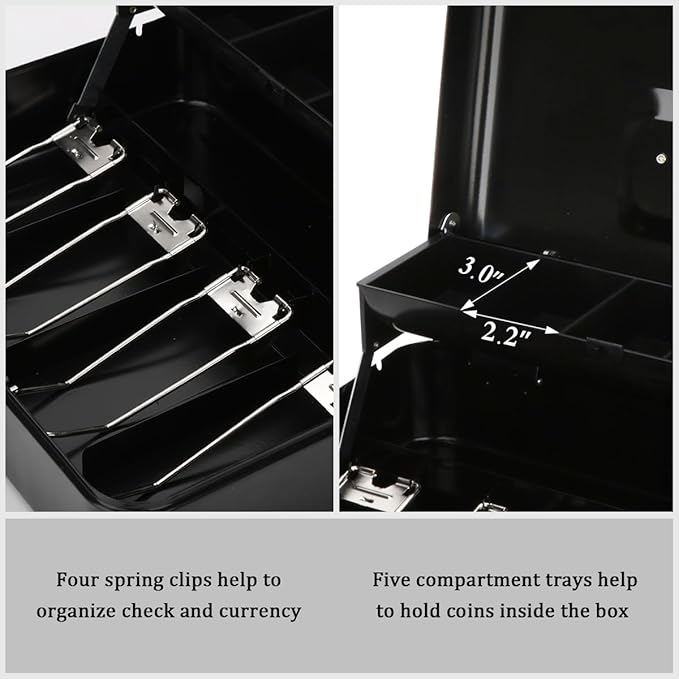 Jssmst Large Locking Cash Box with Money Tray, Lock Box with Security Cable Metal Money Box with Key Lock, Black, CB02304XL