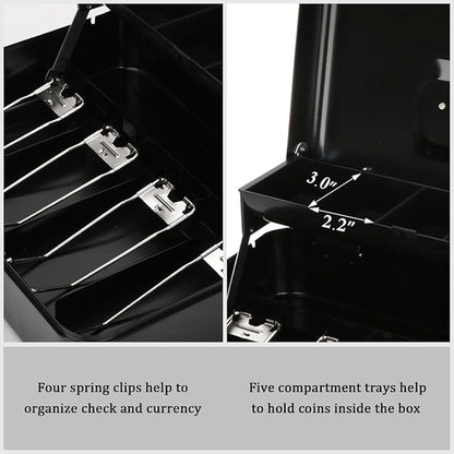 Jssmst Large Locking Cash Box with Money Tray, Lock Box with Security Cable Metal Money Box with Key Lock, Black, CB02304XL