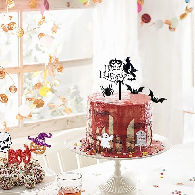 Halloween Cake Toppers Happy Halloween Cupcake Topper Acrylic Trick Or Treat Pumpkin Spider Bat Cake Decoration Party Supplies 6 PCS