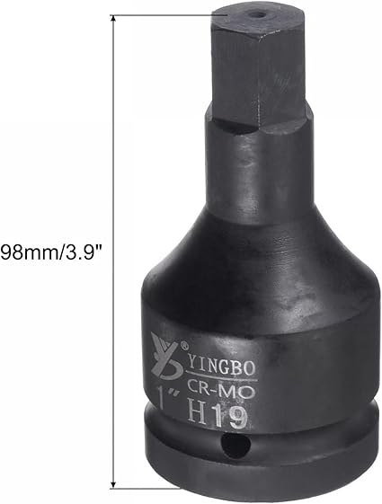 Premium Impact Hex Bit Socket,1" Drive 102mm Length CR-MO Steel Metric Sizes Square Drive Sockets,19mm