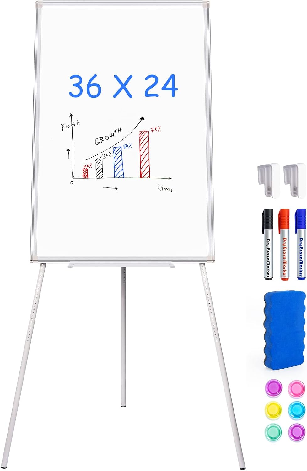 Easel Whiteboard - Magnetic Portable Dry Erase 36 x 24 Tripod Height Adjustable, 3' x 2' Flipchart Easel Stand White Board for Office or Teaching at Home & Classroom (36x24 White) (minor dents on board; missing 1 magnet, packing box slightly damage)
