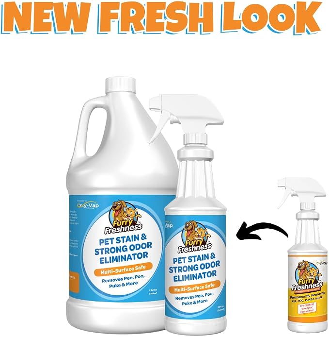 FurryFreshness Extra Strength Cat or Dog Pee Stain & Permanent Odor Remover + Smell Eliminator -Removes Stains from Pets & Kids Including Urine or Blood- Lifts Old Carpet Stains- 32oz Spray