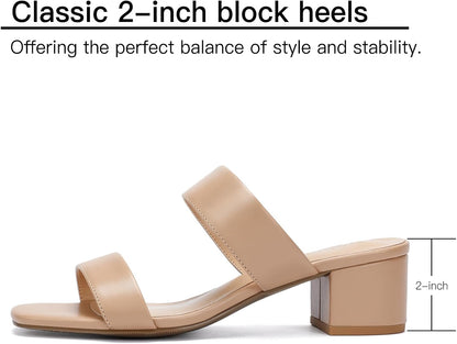 Women's Heeled Sandals Two Strap Square Open Toe Heels 2-Inch Chunky Sandals Dress Shoes Wide Feet Friendly