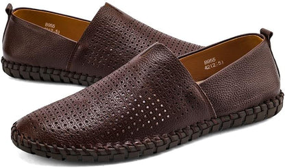 Men's Genuine Leather Loafer Shoes Slip On Soft Walking Shoes Perforated Driving Shoes