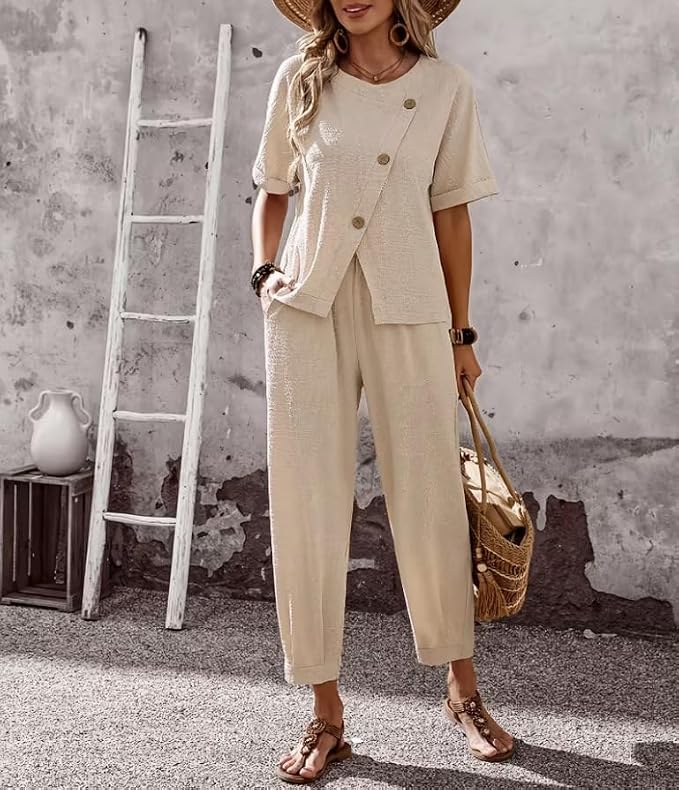 Womens 2 Piece Outfits Asymmetrical Button Front Short Sleeve Top & Elastic Waist Pants Set Casual Streetwear