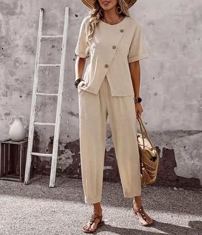 Womens 2 Piece Outfits Asymmetrical Button Front Short Sleeve Top & Elastic Waist Pants Set Casual Streetwear