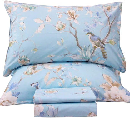 QSH Floral Bed Sheets Set Queen Size - Luxury Bird Butterfly Print Bed Sheet Set - 100% Egyptian Cotton Extra Soft and Breathable - 4 pcs Deep Pockets Flower Bed Sheets