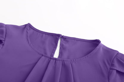 TASAMO Women's Casual Round Neck Basic Pleated Top Cap Sleeve Curved Keyhole Back Chiffon Blouse.