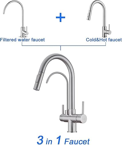 TUTEW Kitchen Faucet with Pull Down Sprayer, Kitchen Sink Faucet with Drinking Water Faucet,2 Handle 3 in 1 Water Filter Purifier Faucets,Brushed Nickel