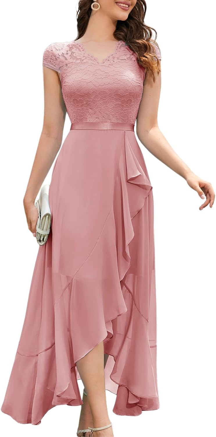 Bbonlinedress Women's V-Neck Dress for Women Wedding Guest Hi-Lo Floral Lace Prom Cocktail Party Formal Bridesmaid Dress