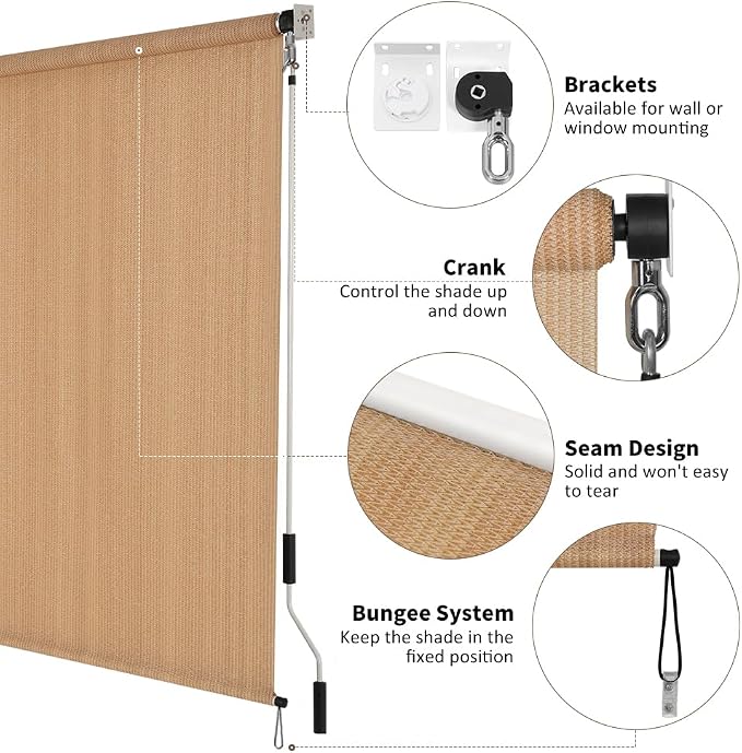 Outdoor Sunshade Roller Shade 6'W x 6'H (72" Wx72 H), Exterior Cordless Roll Up Shades Blinds, UV Protection Shade Cloth with Crank Operation for Outside Windows Patio Porch Gazebo, Walnut