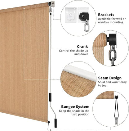 Outdoor Sunshade Roller Shade 6'W x 6'H (72" Wx72 H), Exterior Cordless Roll Up Shades Blinds, UV Protection Shade Cloth with Crank Operation for Outside Windows Patio Porch Gazebo, Walnut