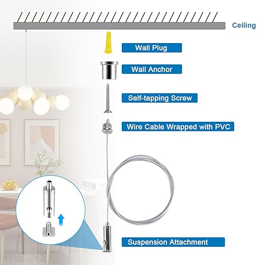 Ceiling Hanging Wire Cable Kit, 4 Sets Wire Cable Hanging System kit, Aquarium Light Hanging Kit, Adjustable Wire Rope for Linear Light, Panel, Pendant, Chandelier, Suspension Light Fixture