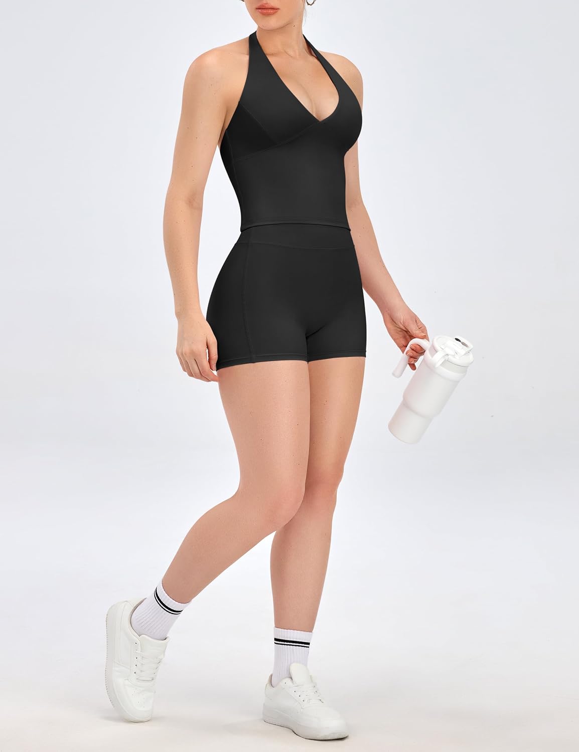 Relety Womens Workout Sets 2 Piece V Neck Halter Crop Top High Waist Scrunch Butt Booty Shorts Backless Gym Yoga Outfits.